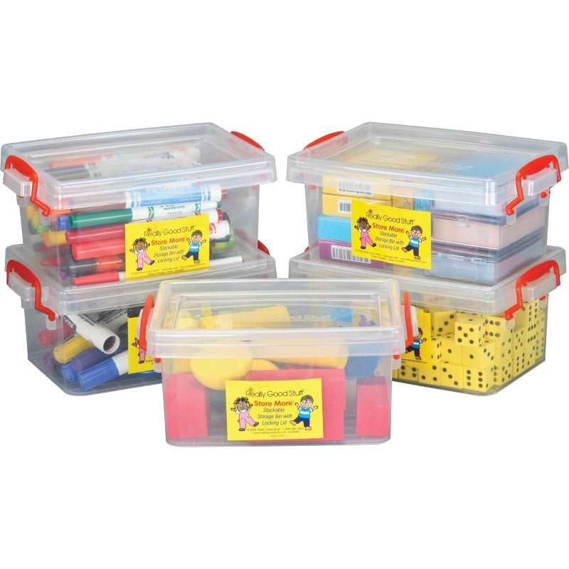 Really Good Stuff Small Clear Plastic Stackable Storage Tubs with Locking Lid â€“ Red Handles Lock Lid in Place â€“ Hold Supplies, Manipulatives and More in Classroom or Home, 8â€x4â€x5â€ (Set of 5) - Image 1